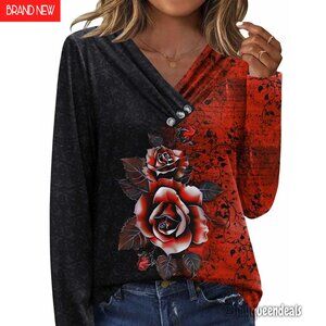 Long Sleeve Tunic Top with V-Neck and Decorative Buttons, Loose Fit